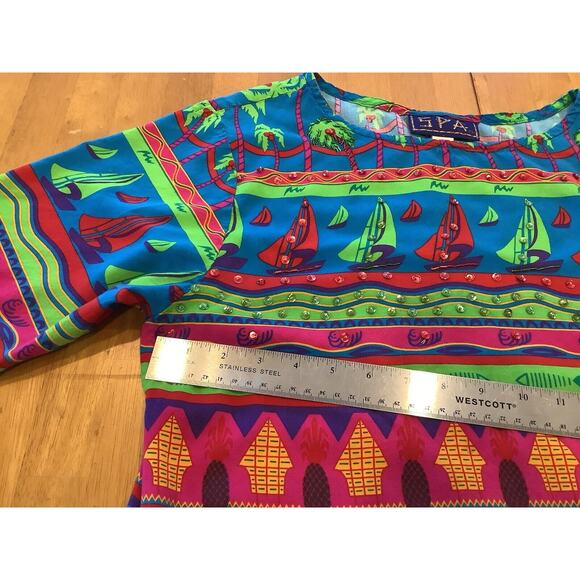 Spa Brand Dress Size Xl Tropical Print Beaded Palm Trees Sailboats Short Sleeves - Picture 2 of 8